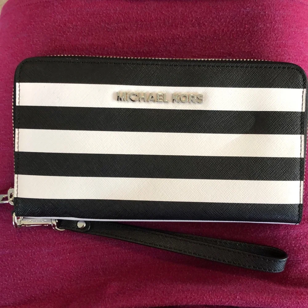Michael Kors Black and White Striped Wristlet Wallet